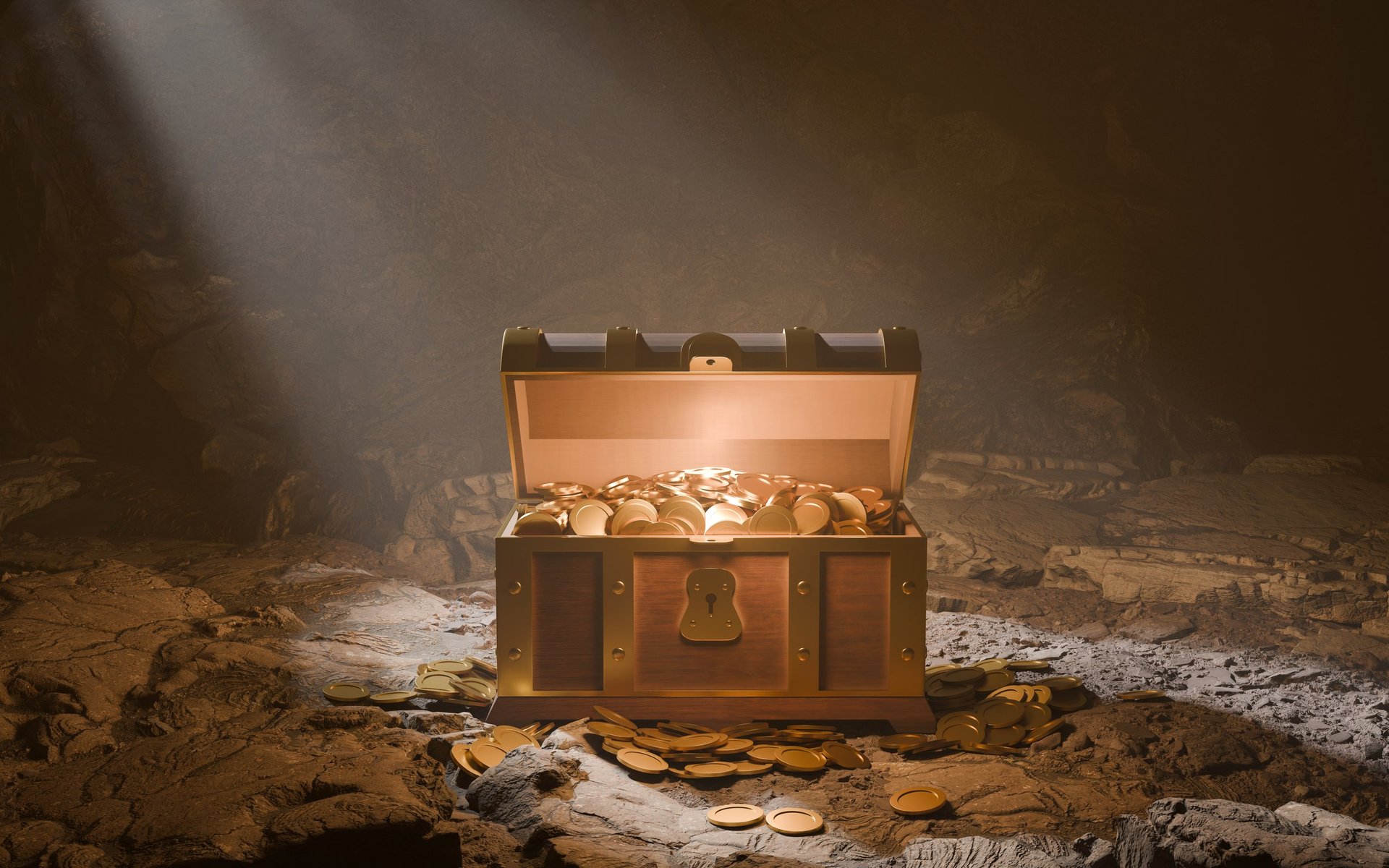 Treasure chest overflowing with gold coins dramatically lit by spotlight in mysterious cave — the thrill of discovery and finding treasure