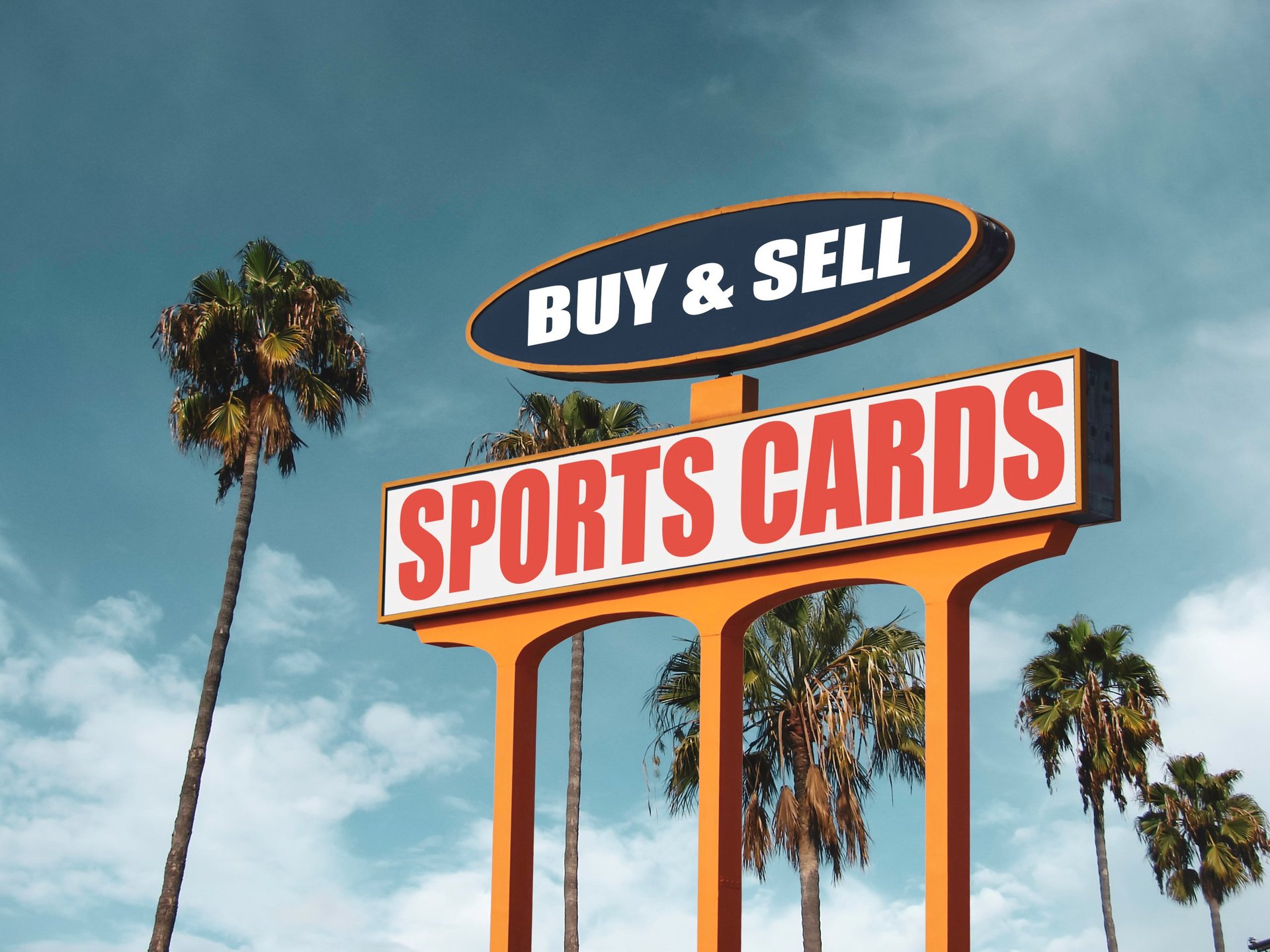 Vintage sports trading cards display with palm trees in the background