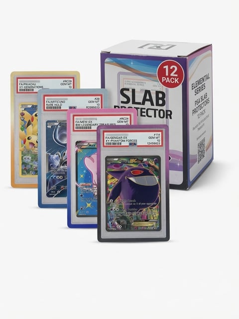 X PRO PSA Slab Protector Elemental Edition 12-pack box displaying TPU bumper guards in 4 elemental gradient colors with graded card samples visible