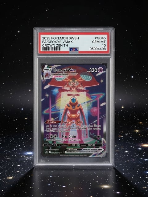 Graded Pokemon trading card in PSA case showing Faidoxys VMAX Crown Zenith holographic card with rating 10