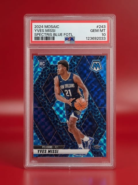 Graded trading card of Yves Missi, 2024 Mosaic Spectris Blue FOTL, PSA 10 Gem Mint condition, showing basketball player in New Orleans Pelicans uniform