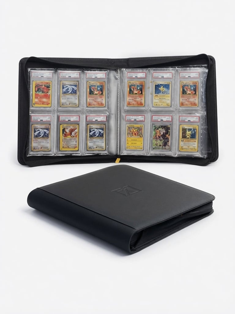 X PRO black trading card binder open showing graded Pokémon cards displayed in protective sleeves with anti-scratch coating, closed binder below showing leatherette exterior