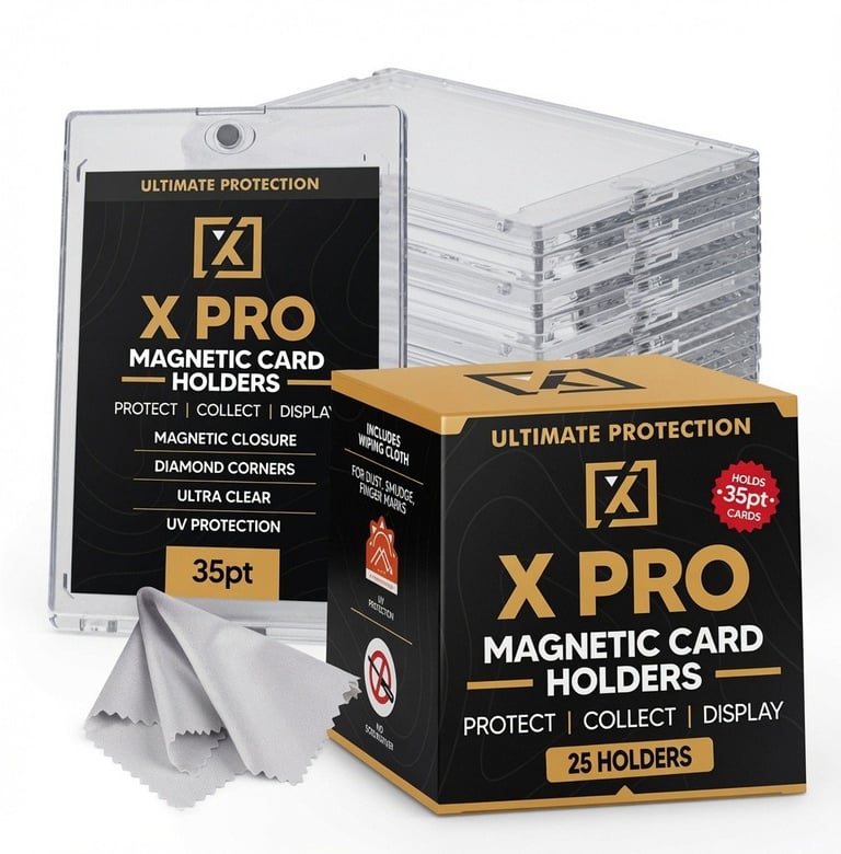 X PRO 35PT Magnetic One-Touch Card Holder 25-Pack Best Value Bundle — UV-resistant magnetic trading card cases with microfiber cleaning cloth for sports cards, baseball cards and TCG collection protection