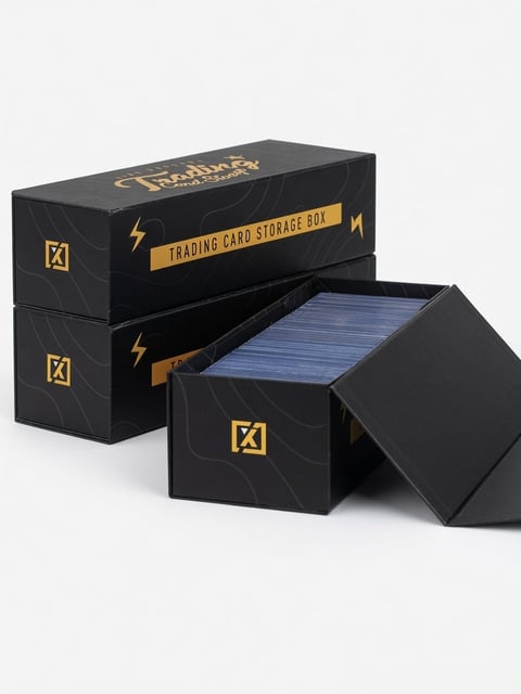 X PRO black trading card storage boxes with gold accents, stacked with one open box displaying blue cards inside — magnetic lid design for easy access