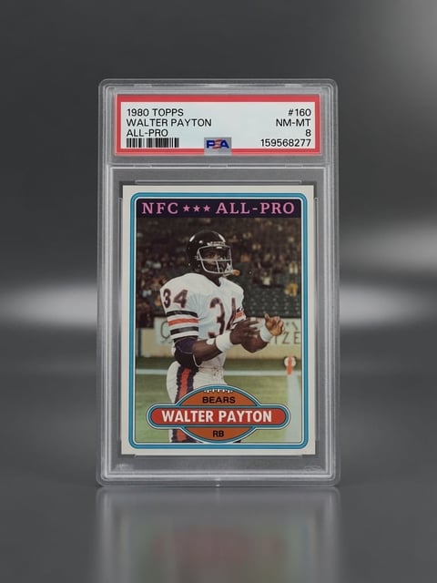 1980 Topps Walter Payton football card graded PSA 8 NM-MT in protective case