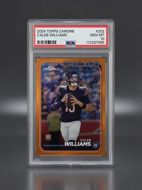 2024 Topps Chrome Caleb Williams PSA 10 rookie football card in graded slab showing player in Chicago Bears uniform