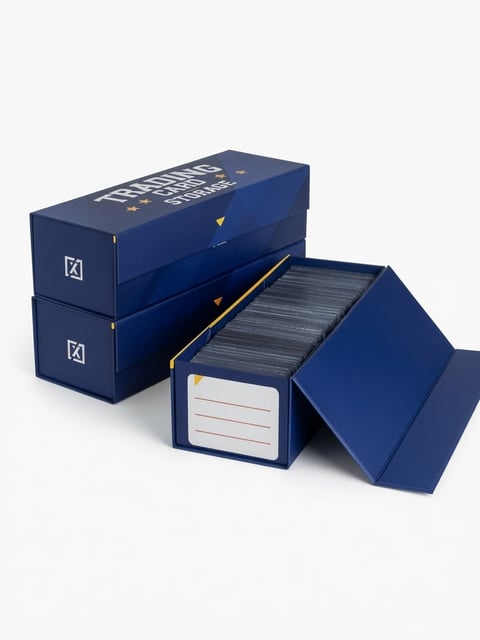 X PRO navy blue trading card storage boxes with gold accents, one open showing compartments and labeled cards for sport-specific organization