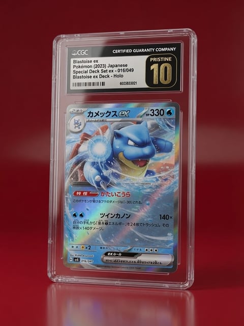 CGC graded Blastoise EX Pokemon card from Japanese Special Deck, rated pristine 10, displayed in clear protective case