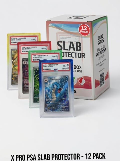 X PRO PSA Slab Protector Gem Edition 12-pack displaying clear acrylic protective TPU bumper guard cases and retail box with graded trading cards