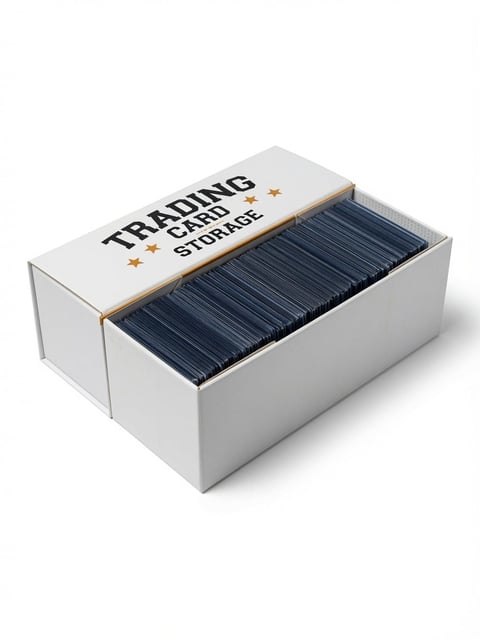 X PRO open white cardboard storage box labeled Trading Card Storage containing stacks of dark blue trading cards with magnetic lid