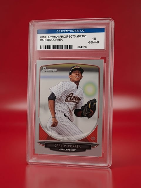 Graded trading card of Carlos Correa in protective case, 2013 Bowman Prospects, rated 10 Gem-Mint